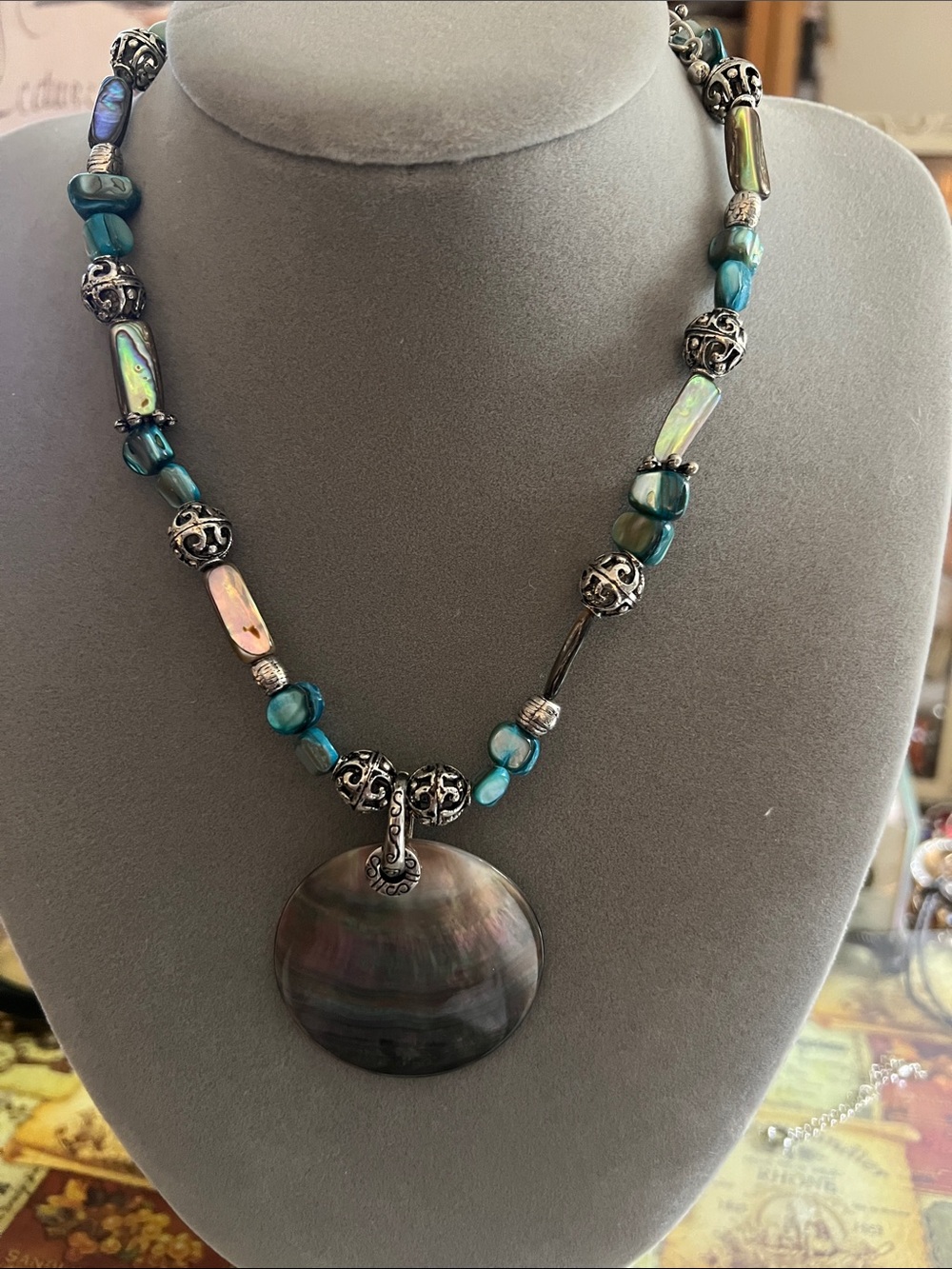 Cookie Lee Teal and Silver Shell Disc Pendant Necklace